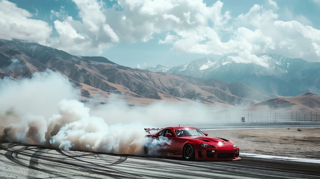 Photo a race car drifting on the track with clouds of tire smoke and mountains in the background