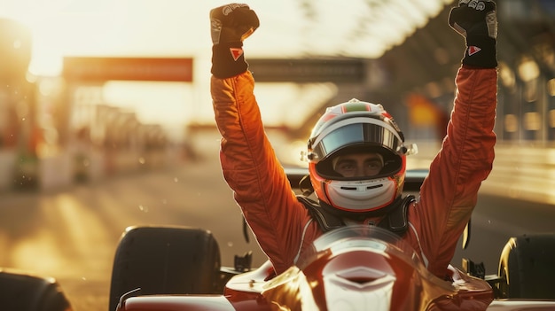 Photo race car driver celebrating a win