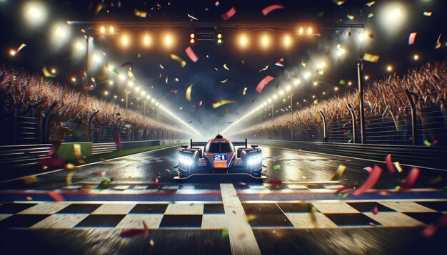 Photo race car victorious on finish line with cheering crowd