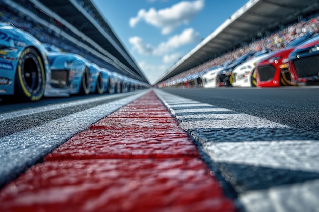 Photo race cars lined up on the starting grid at a speedway under a bright blue sky