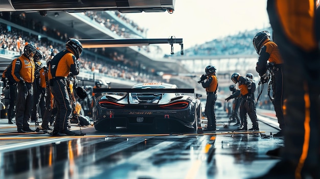 Photo race pit crew servicing a mclaren car during a highstakes motorsport event in the afternoon