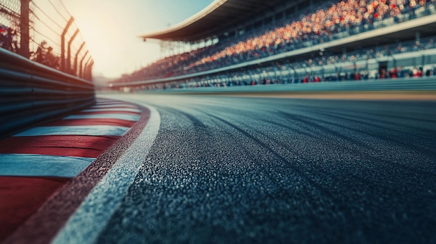 Race track at sunset with spectators in the stands enjoying a highspeed event