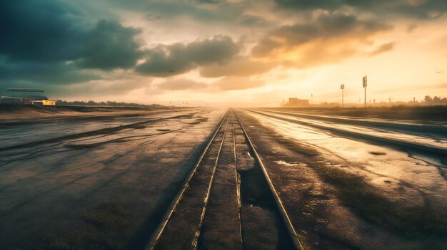 A race track with a track and cloudy sky