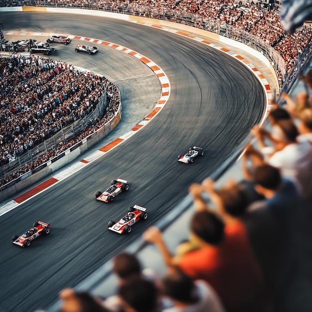 A racecar speeds around a sharp curve a crowd of spectators watch from the stands above