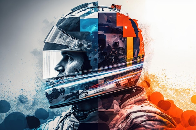 Racer driver preparing for driving racing double exposure created with generative ai