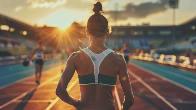 Racewalking Athlete Warms Up at Sunset in Bustling Stadium Sports Training and Preparation