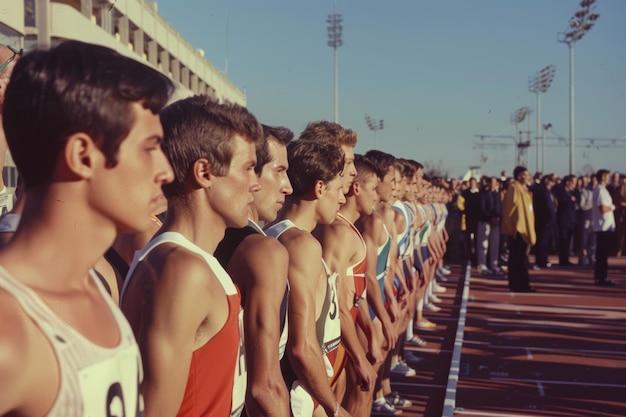 Photo racewalking event start line with athletes in colorful sportswear ready to compete