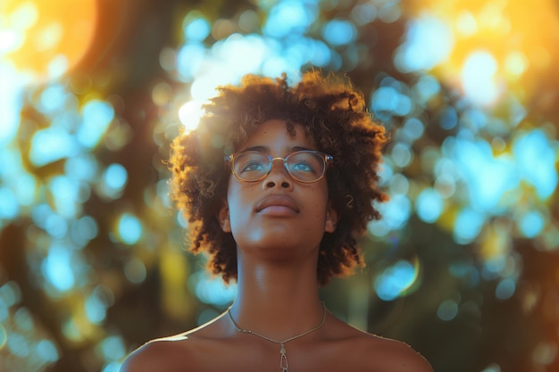 Racial Justice Initiatives Efforts to address systemic racism and inequalityA man with curly hair and glasses is joyfully gazing up at the sun in nature