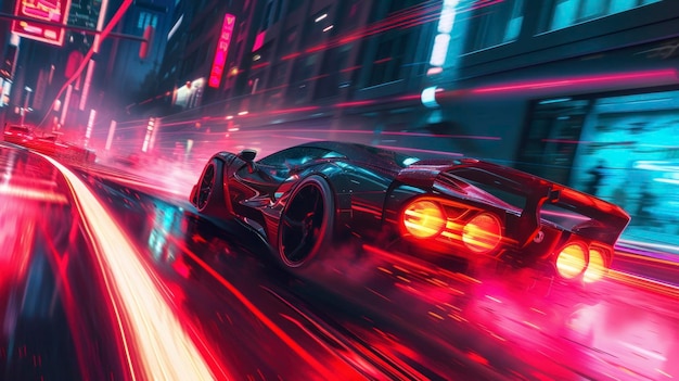 Photo racing car in a 3d video game with neon lights and speed