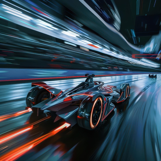 Photo a racing car is driving down a track at night