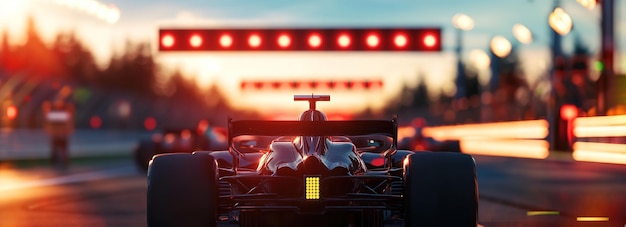 Photo racing car at start line under sunset lights