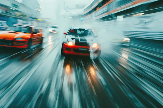 Racing car on the track with motion blur effect Blurred background