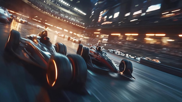 Racing Cars Compete at Night in a Vibrant Urban Circuit