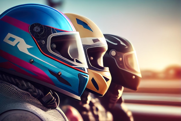 Racing helmets closeup auto moto sport Generative AI