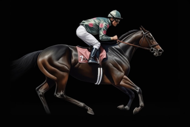 Racing horse with jockey from cartoon painting on black background AI