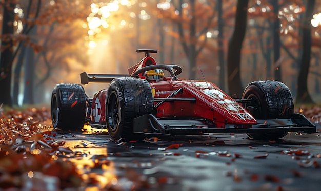 Racing red car goes fast to formula one races on sunset