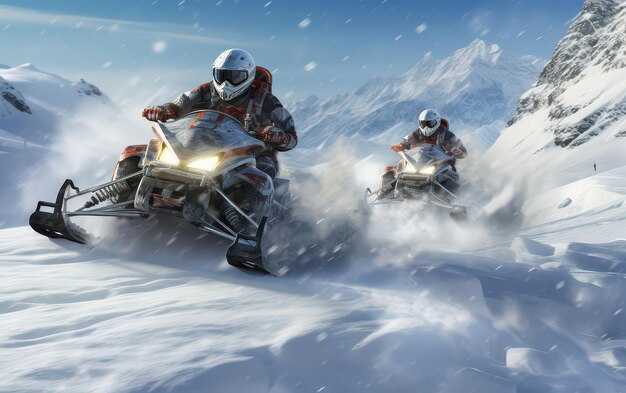 Photo racing a snowmobile across snowy mountains