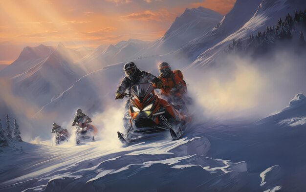 Photo racing a snowmobile across snowy mountains