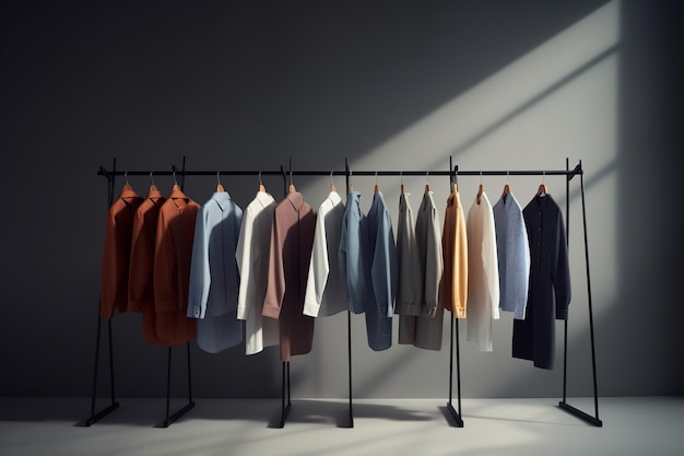 A rack of clothes with a blue shirt on it and a white shirt on the right.