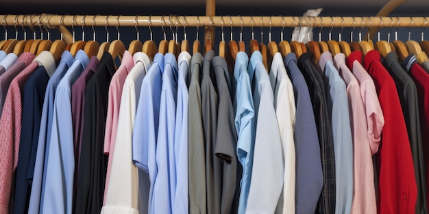 A rack of clothes with a blue shirt on it