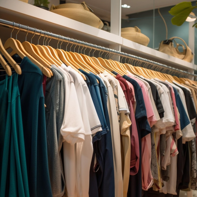 A rack of clothes with a green plant behind it