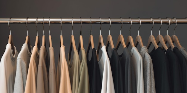 A rack of clothes with a white and black shirt on it