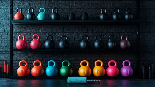 Photo a rack of colorful and colorful and colorful gym bowls and a black wall with a sticker that says quo