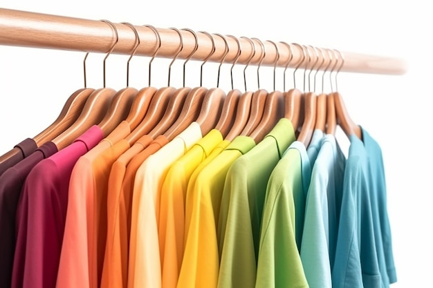 A rack of colorful shirts with one that says't'on it