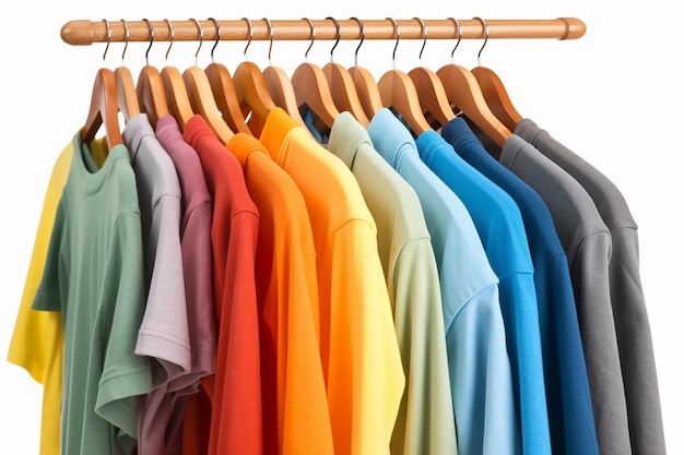 A rack of colorful shirts with one that says't - shirts'on it