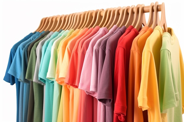 A rack of colorful t - shirts with one of them being sold.