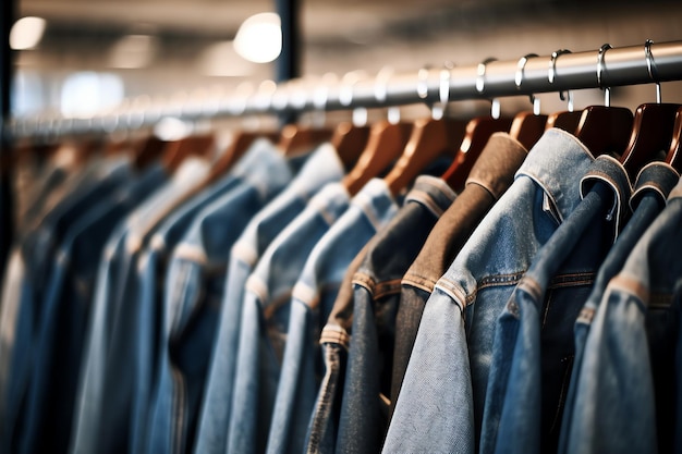 A rack of denim jackets with one of them on the rack