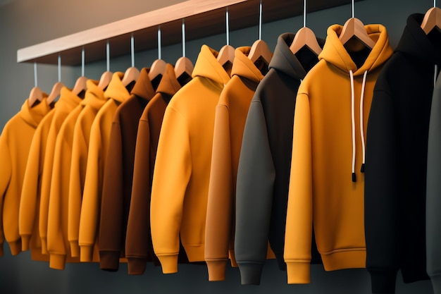 A rack of hoodies with one of them hanging from the ceiling.