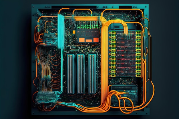 Rack housing server data storage hardware The equipment in the data center is connected by