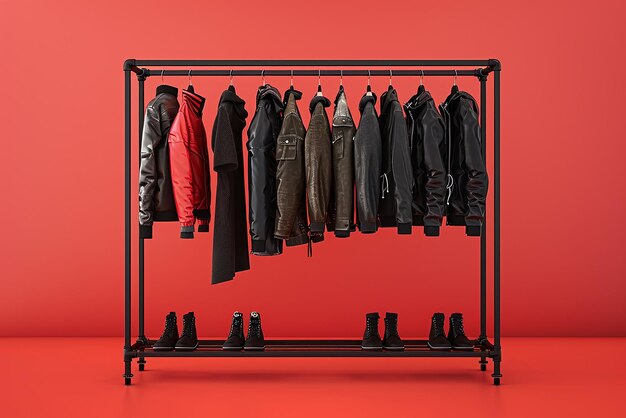 Photo a rack of leather jackets and boots with the word quot love quot on the bottom