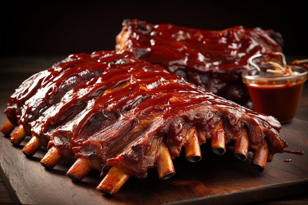 A rack of ribs covered in barbecue sauce