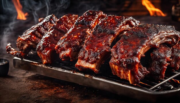 rack of ribs is being cooked on a grill