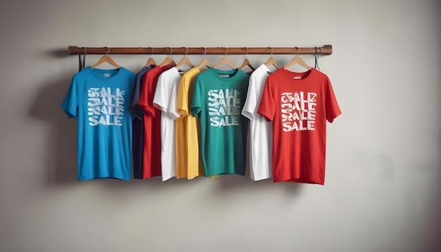 a rack of shirts that say sale is hanging on a wall