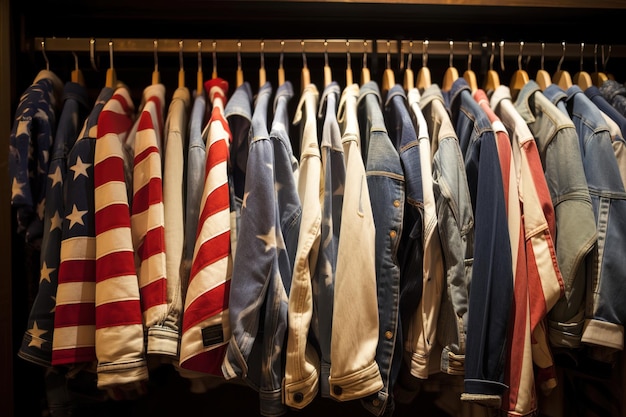 A rack of shirts with the american flag on them