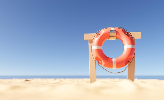 Rack with lifebuoy on beach