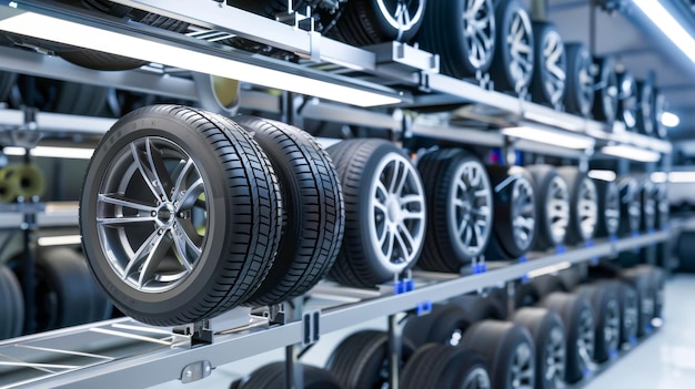 rack with tires for cars tire service station