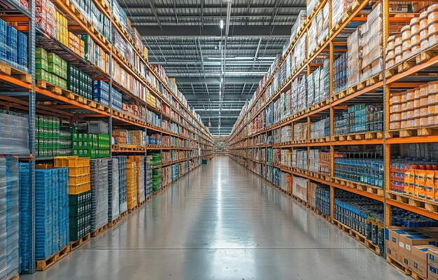 Photo the racks are stacked high with items in transit packaging at this contemporary retail hypermarket warehouse outside