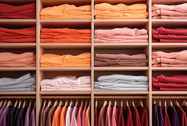 racks of colorful shirts on a shelf of a store in the style of light orange and crimson