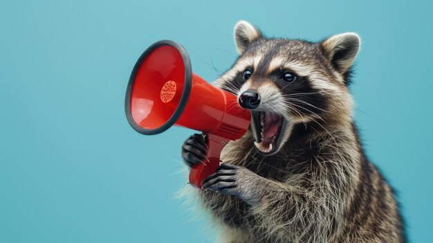 Photo racoon holding megaphone on blue backgroundxa