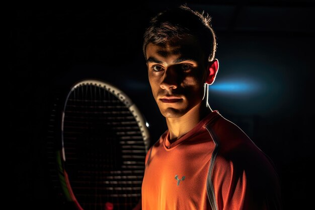 A racquetball player39s determined expression illuminated by the court39s harsh artificial light