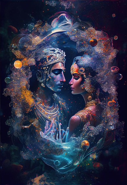 Radha krishna in love medium shot photography portrait of cosmic galactic Generative AI