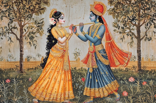 Radha and lord Krishna playing flute standing in a garden pichwai style ar 32 quality 2 style raw st