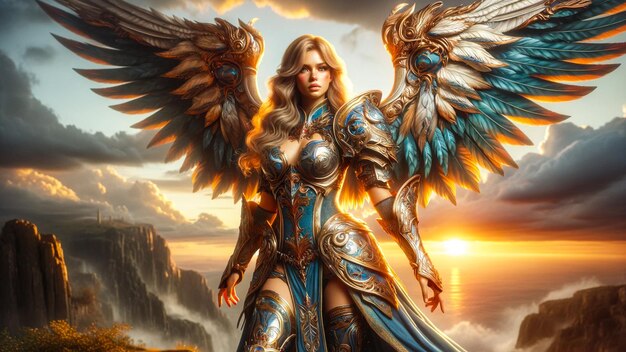 Radiant Angel in Armor Overlooks Ocean Sunset from Cliff Edge