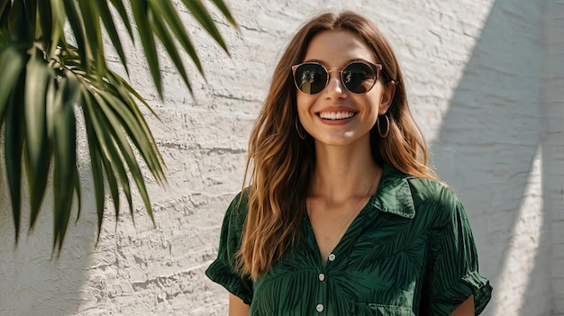 Radiant Beauty Stylish Woman Posing Against a Sunny White Wall