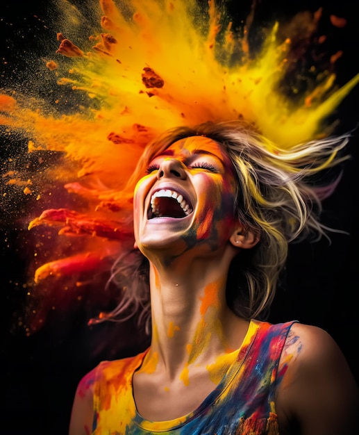 Radiant Bliss Woman Embracing a Color Explosion Exuding Joy and Happiness