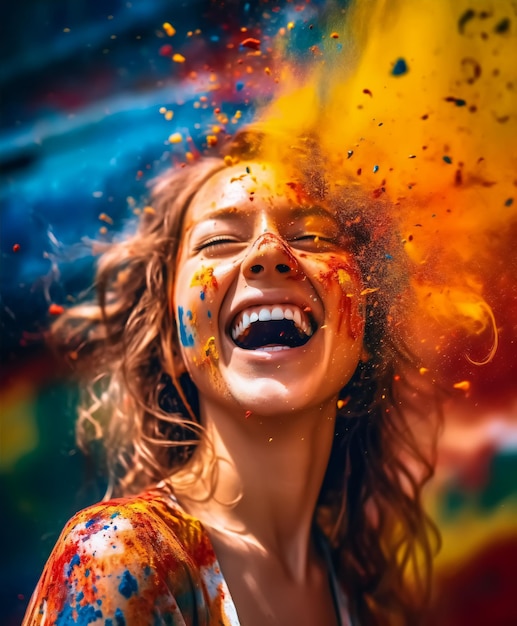 Radiant Bliss Woman Embracing a Color Explosion Exuding Joy and Happiness